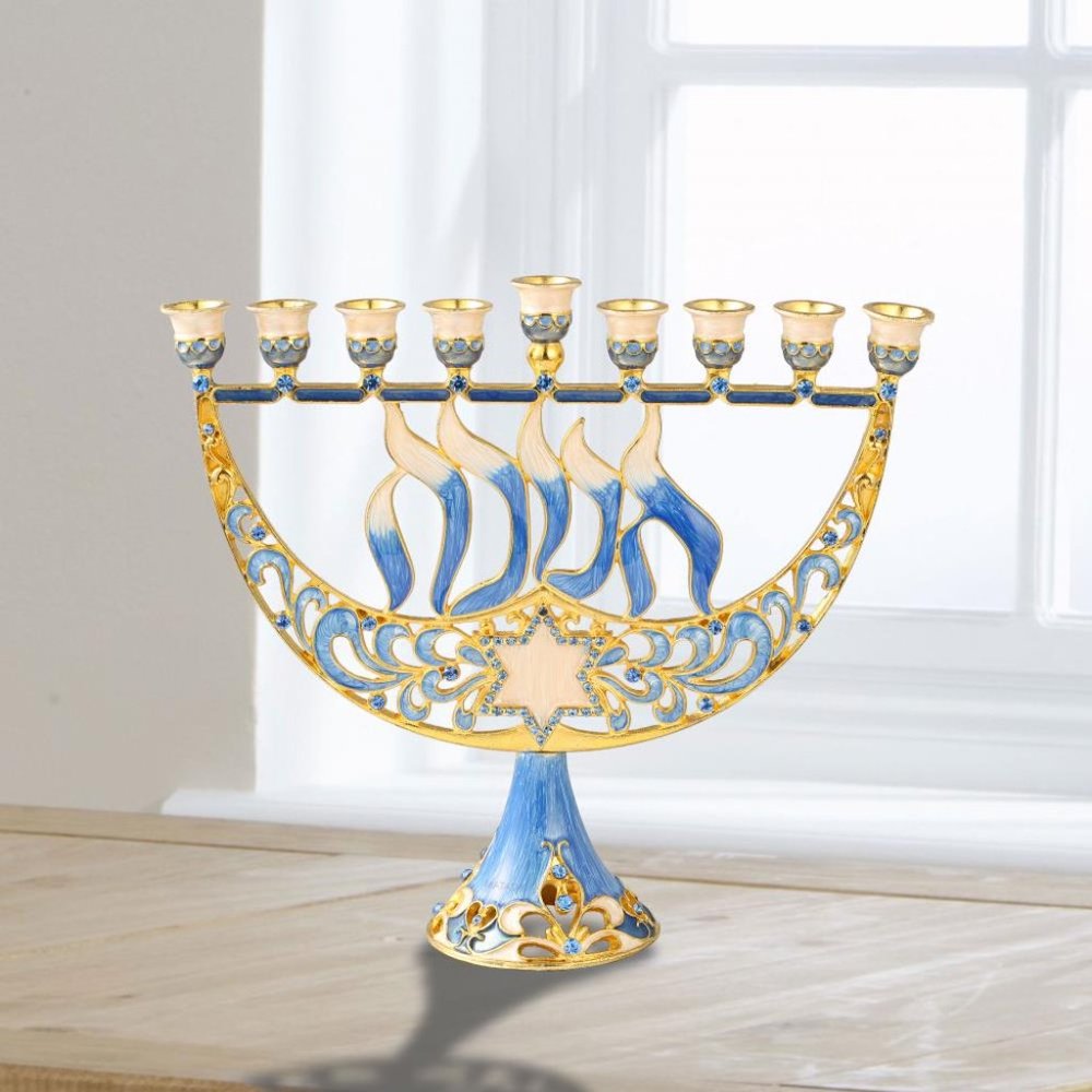 Hand Painted Enamel Menorah Candelabra with a Star of David and Hanukkah Design